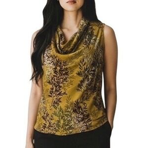 Banana Republic Sleeveless Cowl Neck Leaf Print Top Mustard Yellow Women's Small